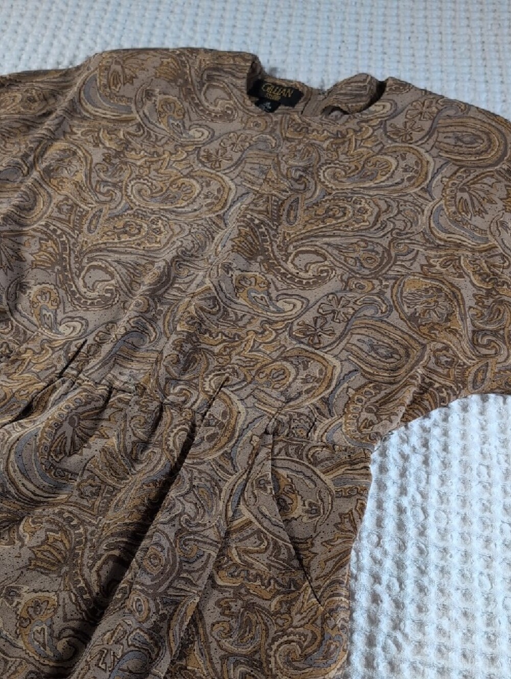 Gillian 100% Silk Vintage Brown Paisley Long-Sleeve Midi Dress Size 14